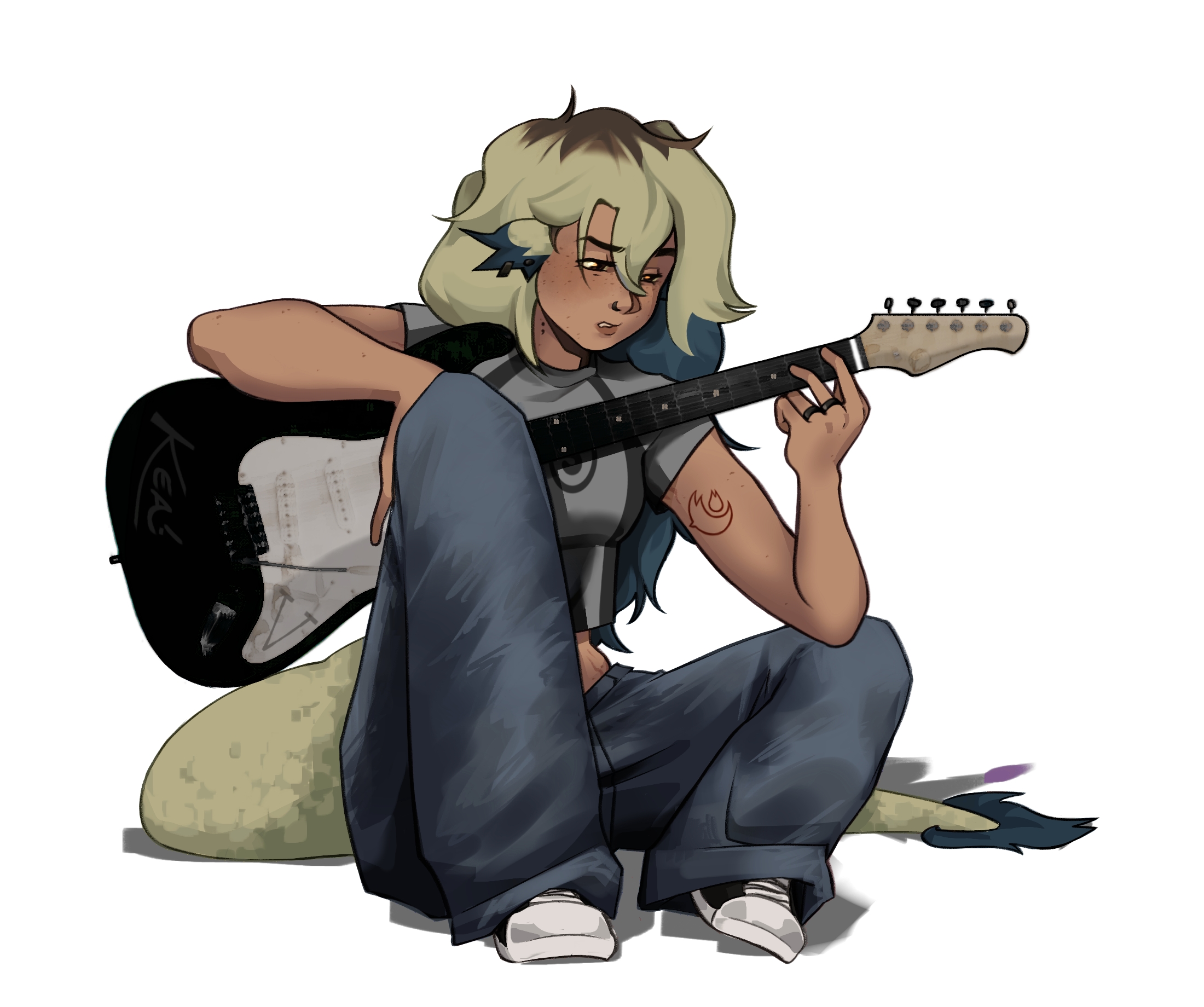 Digital art of older timeskip Vee practising/struggling to play the guitar. She's sat on the floor in front of a white background with her ears and tail out trying to figure out the correct chords.